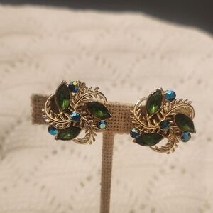 Vintage Gold and Green Crystal Earrings